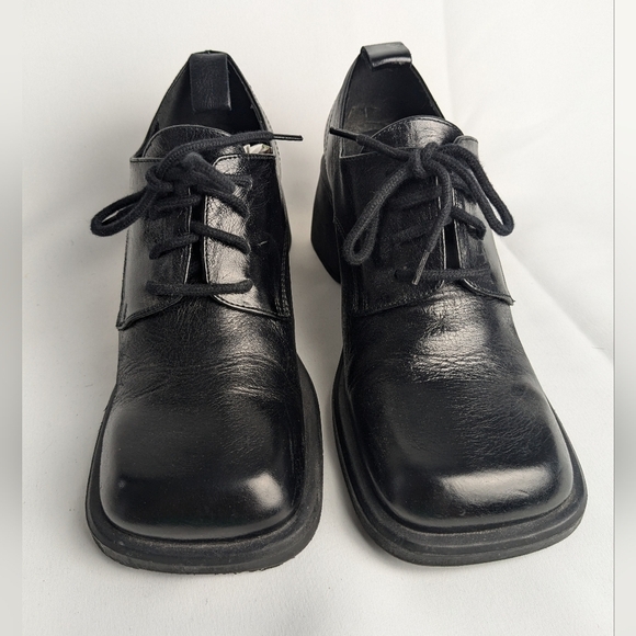 L'INTERVALLE Black Glossy Leather Block Heel Laces Shoes Square Tip Size 37 - Picture 2 of 10